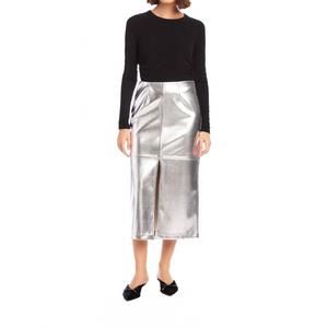 NEW FIFTEEN TWENTY kaia faux leather front slit midi skirt in silver